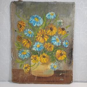 Daisies on Slate Painting 18.5" x 14" 1973 Signed Darlene Jackson Folk Art